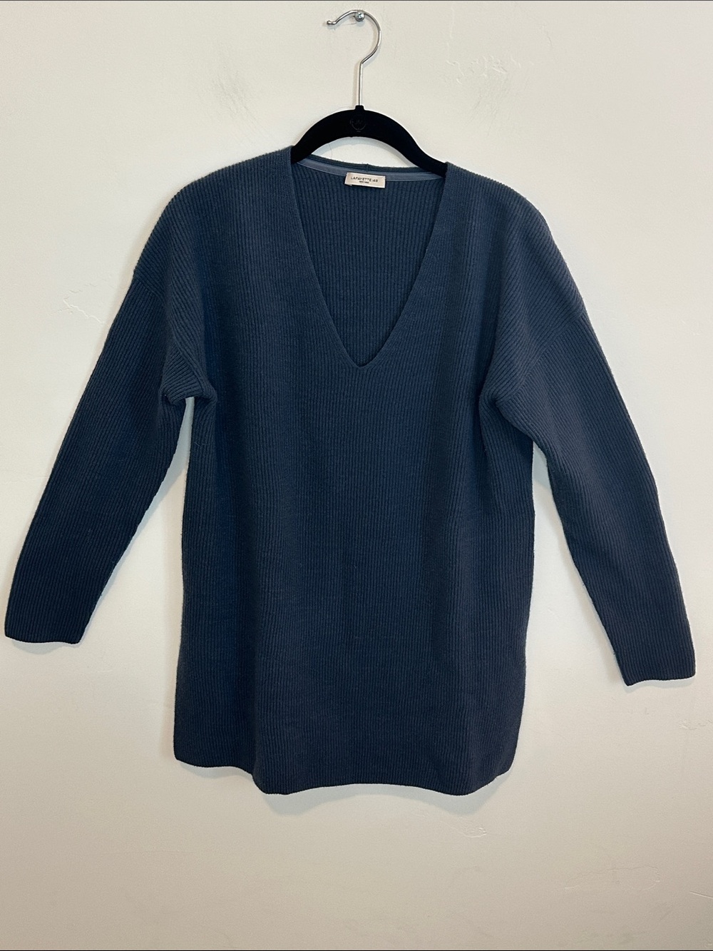Lafayette 148 Ribbed V-Neck Drip Shoulder Sweater Tunic - Slate Blue Size Small